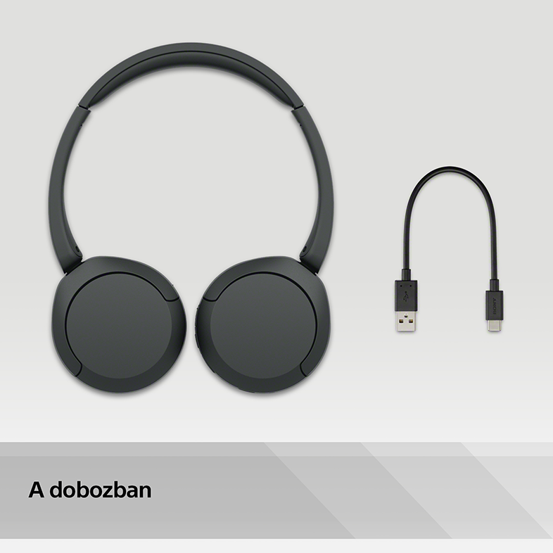 Fekete fejhallgató és fekete USB-C kábel. Szöveg: A dobozban.