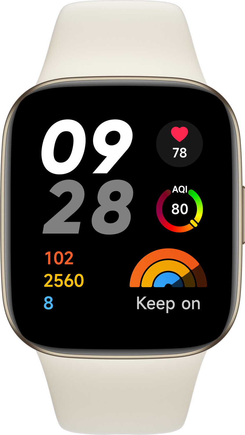 Pantalla de reloj inteligente que muestra la hora 09:28, frecuencia cardíaca 78, AQI 80, datos de actividad y 'Keep on'.