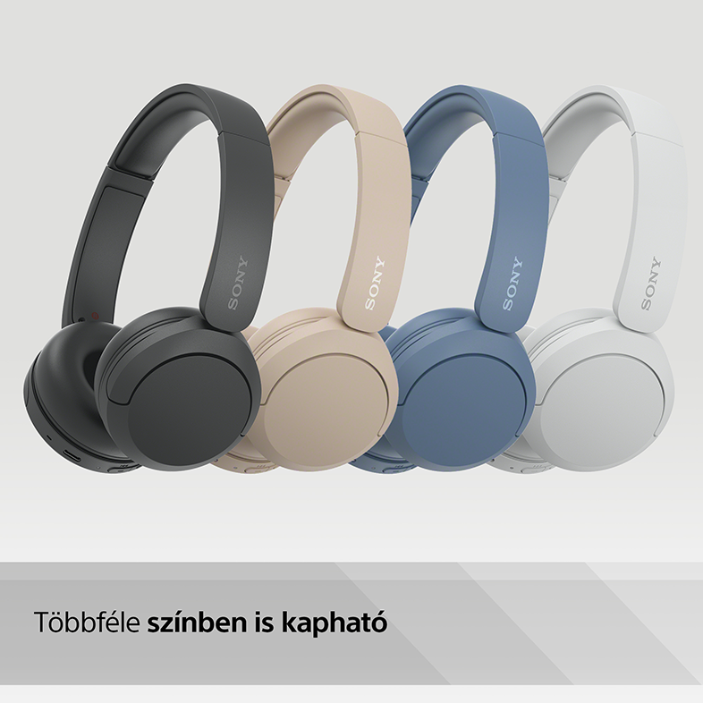 Négy színes fejhallgató: fekete, bézs, kék és fehér. A szöveg a 'Többféle színben is kapható'.