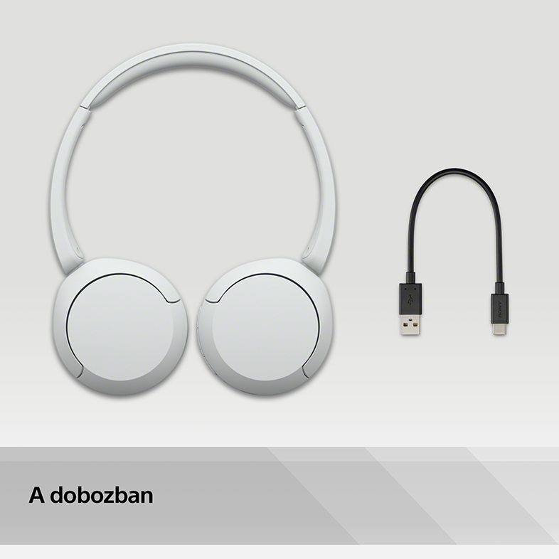 Fehér fejhallgató USB-C töltőkábellel, szürke háttéren.