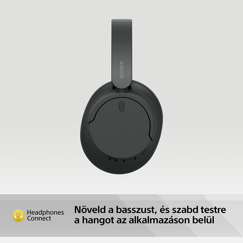 Fekete fejhallgató Sony logóval. A háttér fehér.