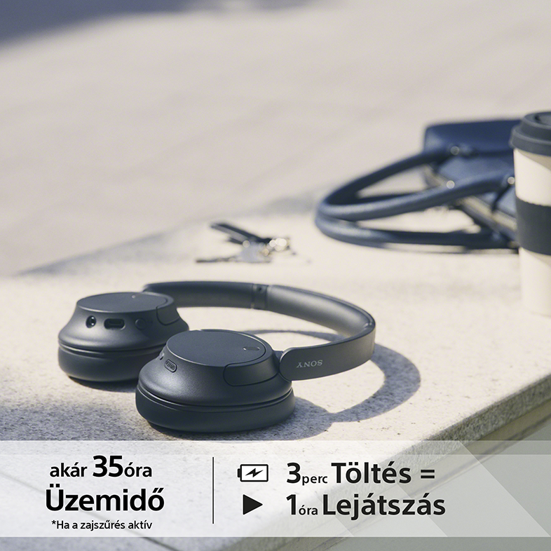 Fekete fejhallgató töltési ikonnal és szöveggel 35 órás akkumulátor-üzemidőről.