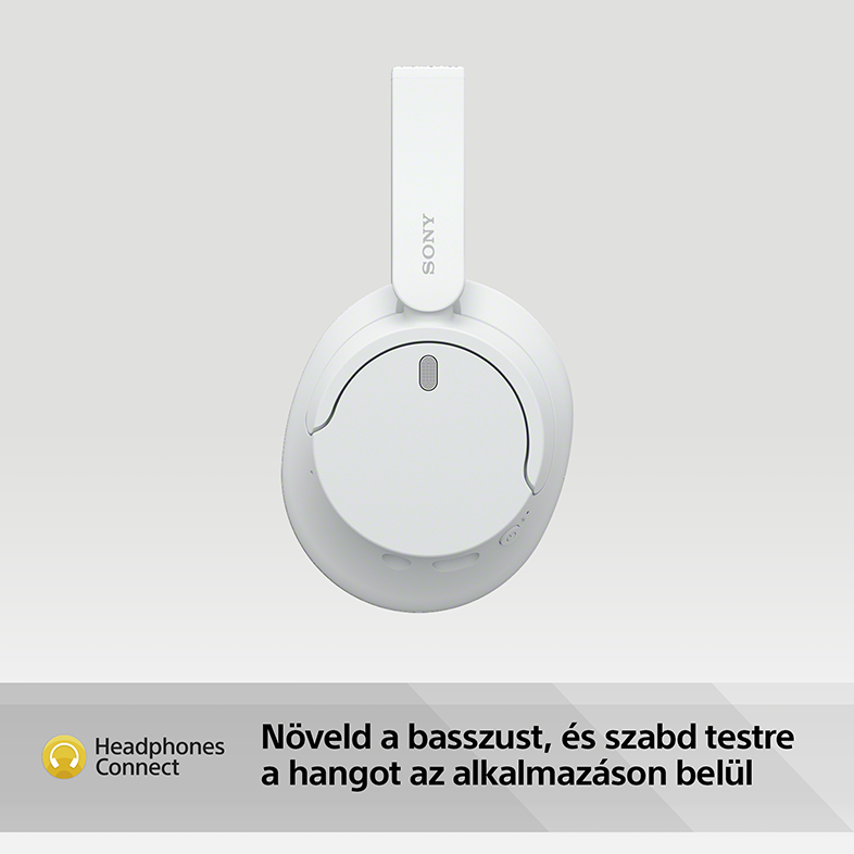 Fehér Sony fejhallgató, felülnézet, 'Növeld a basszust, és szabad testre a hangot az alkalmazáson belül' felirattal.