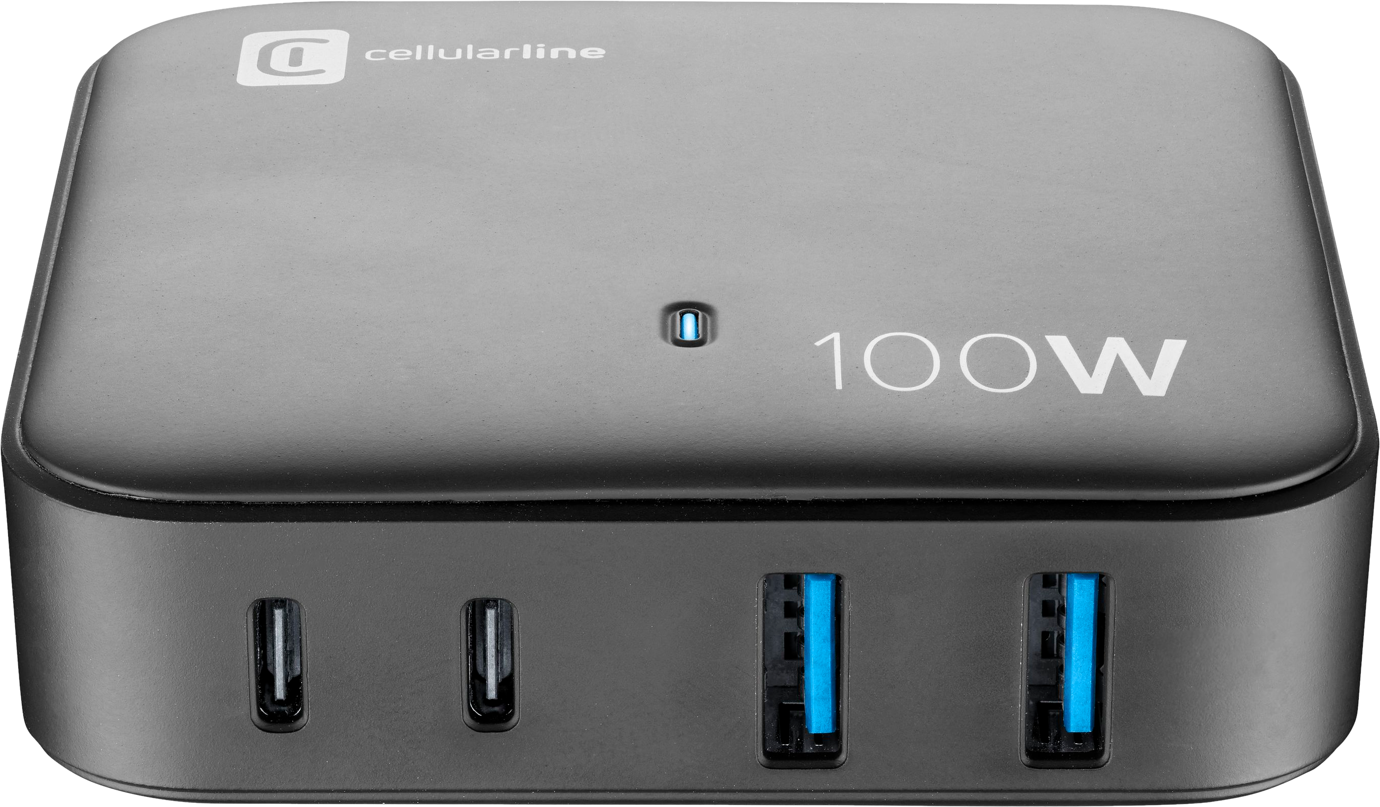 Schwarzes Ladegerät mit 4 USB-Anschlüssen und dem Text 100W. Der Markenname Cellularline ist oben aufgedruckt.