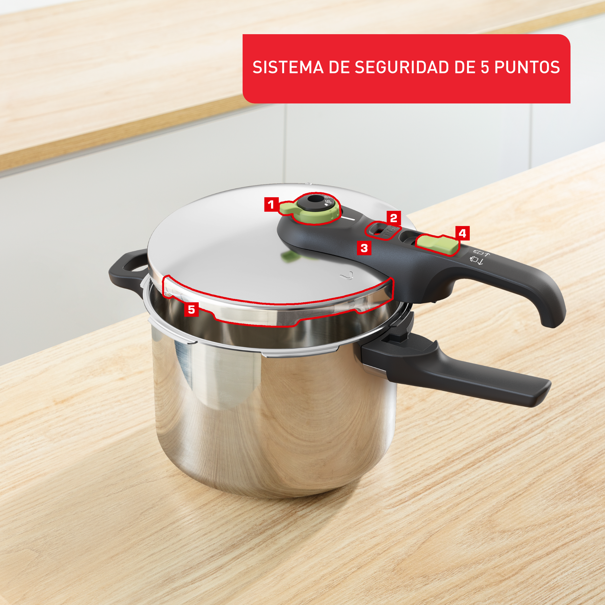 Olla a presión con características de seguridad, etiquetada con números y líneas rojas.