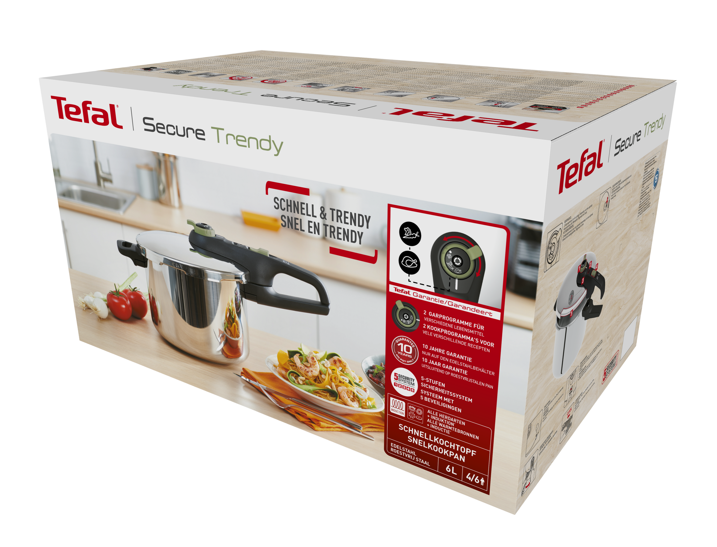 Una caja de olla a presión Tefal. La caja tiene una imagen del producto y texto que describe características y beneficios.