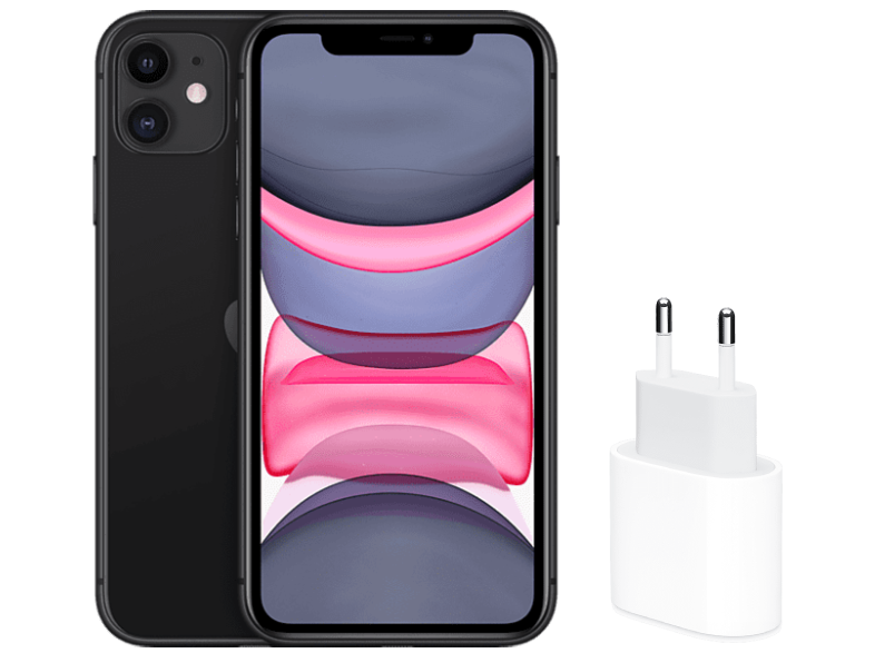APPLE iPhone 11, Negro, 128 GB, 6.1", iOS + Adaptador de corriente, USB-C de 20 W