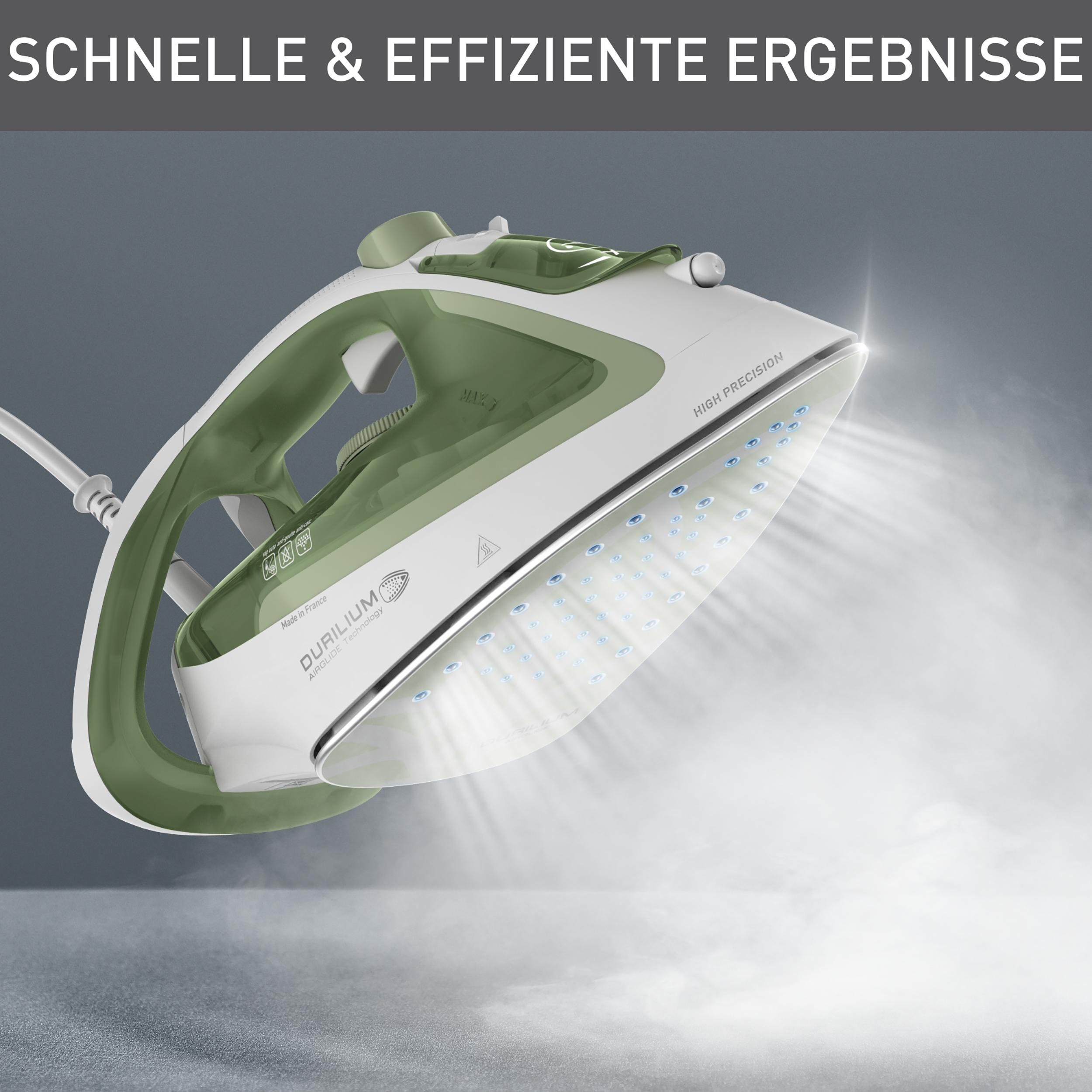 Grünes und weißes Bügeleisen, das dampft, mit Text: Schnell & Effiziente Ergebnisse.