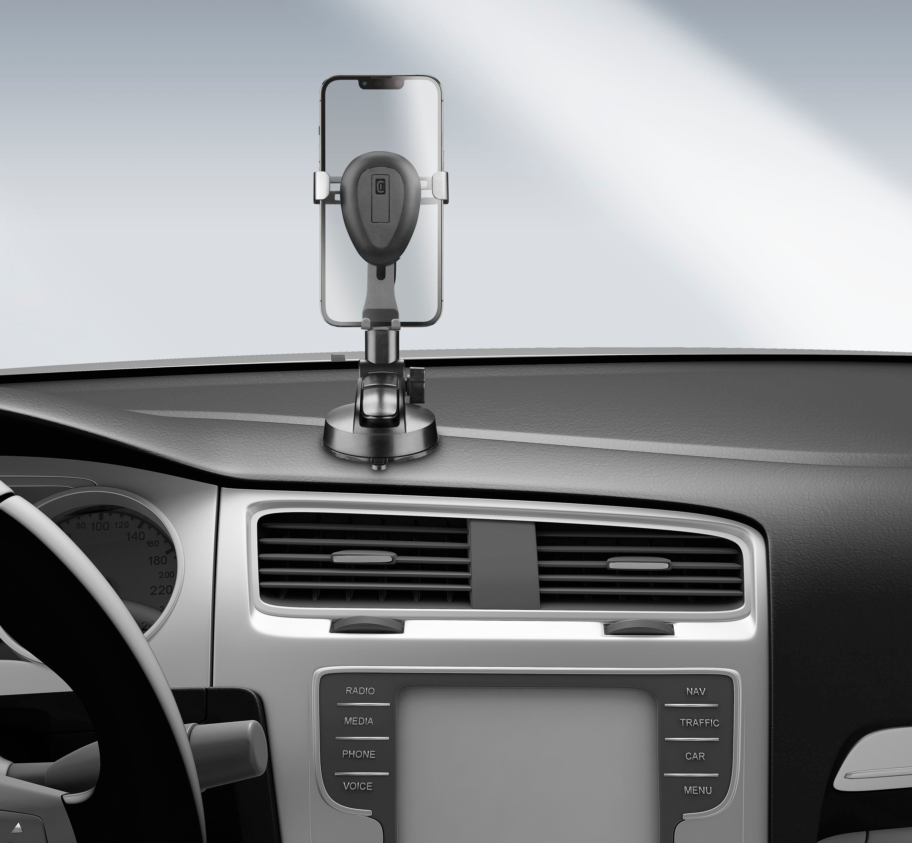 Un telefono montato sul cruscotto di un'auto, che mostra l'interno dell'auto.