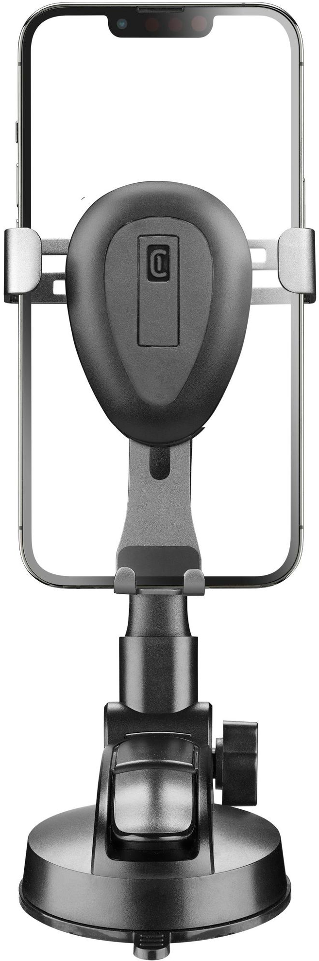 Supporto per telefono per auto. Un telefono è montato su una base nera con ventosa. Supporto argentato.