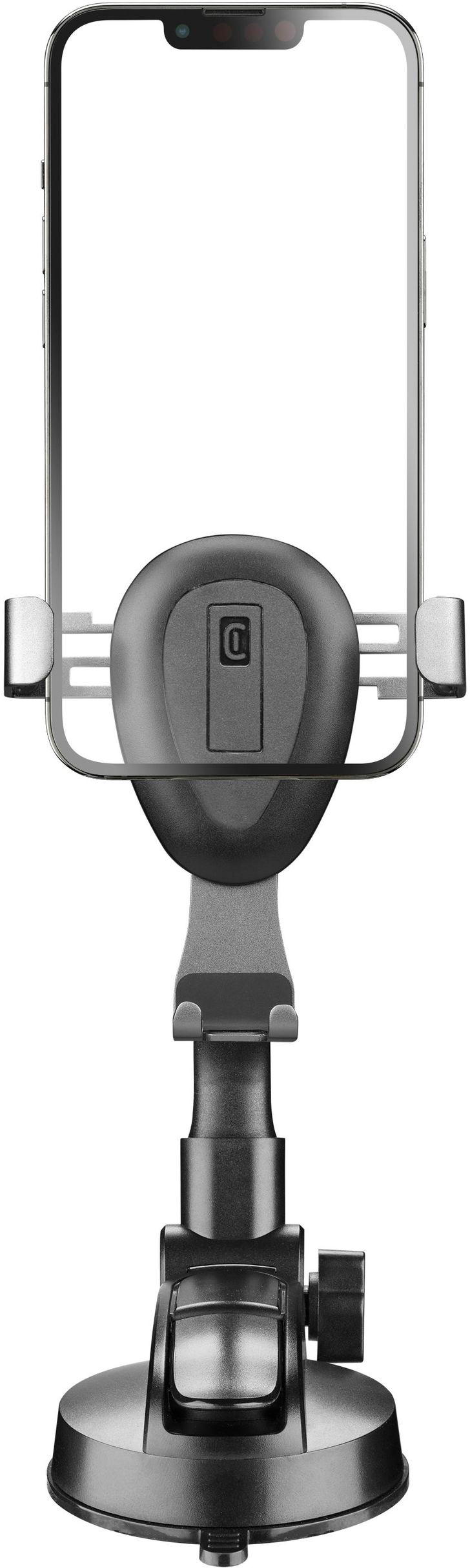 Un supporto per telefono nero per auto. Ha una base a ventosa e un braccio regolabile.