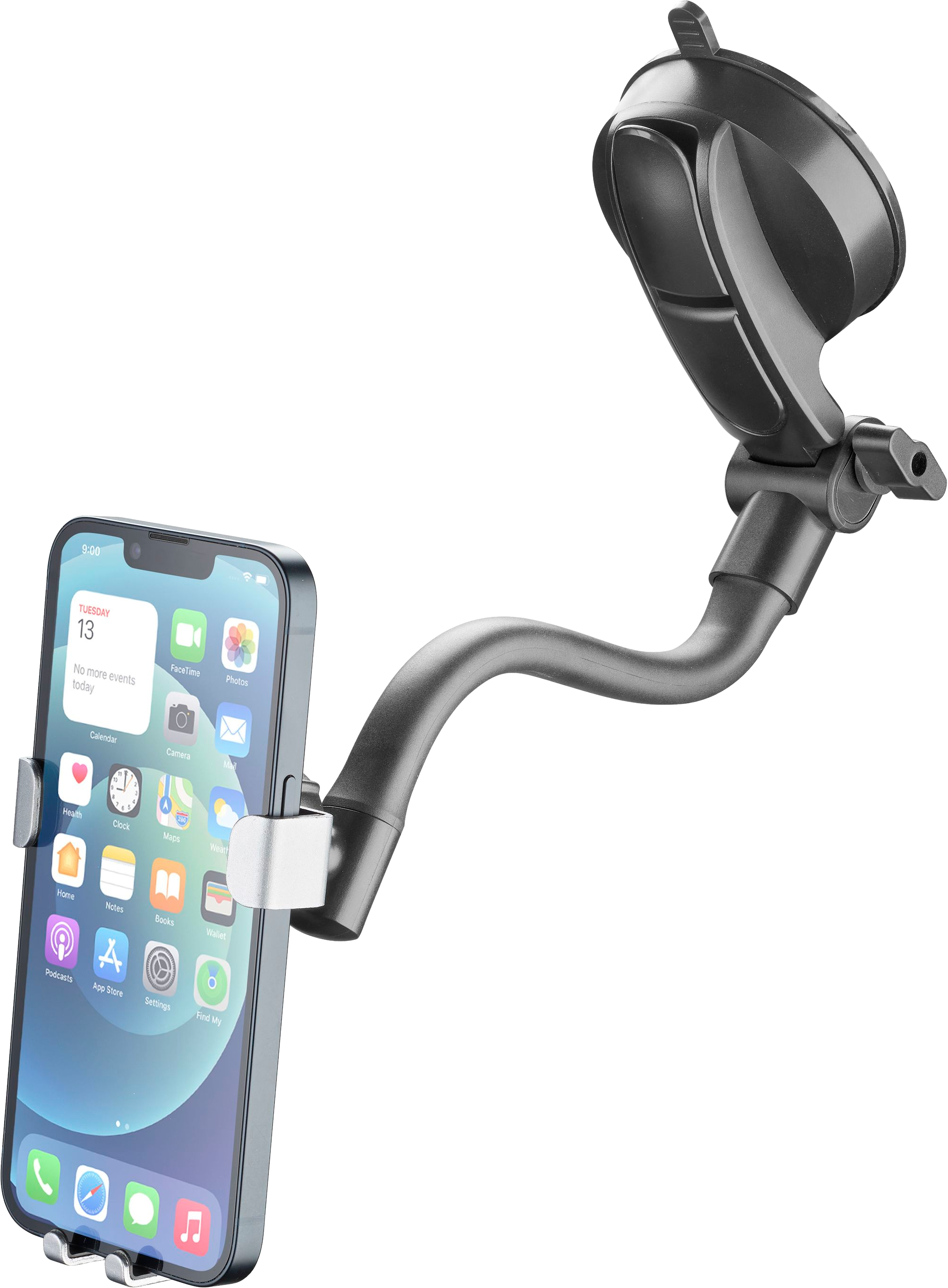 Telefono montato sul finestrino di un'auto. Il telefono mostra un'interfaccia dell'app calendario. Il supporto è nero e argento.
