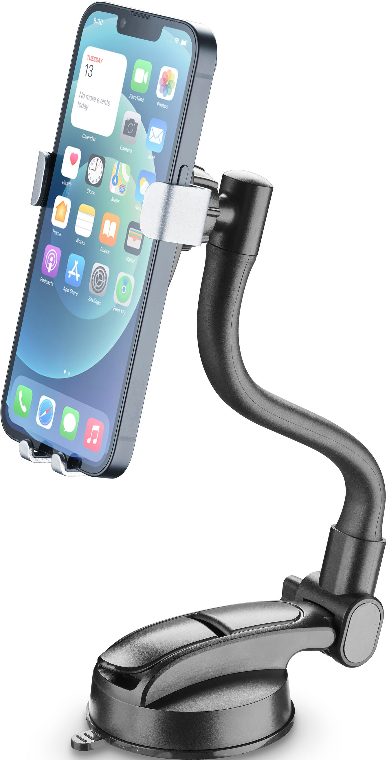 Un supporto per telefono da auto con smartphone che mostra icone di app e calendario.