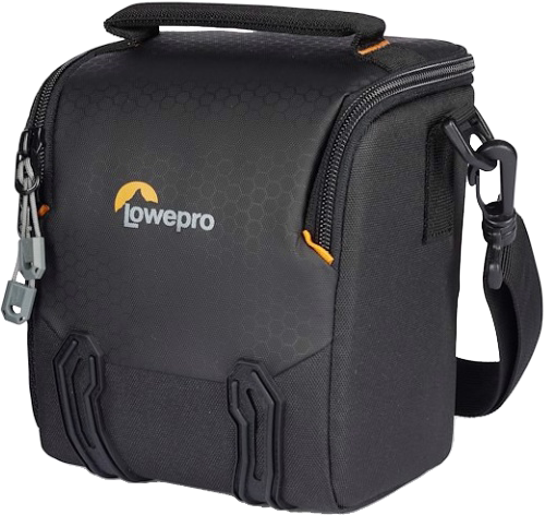 Fekete Lowepro kameratáska. Hatszög minta elöl. Vállpánt rögzítve, két kulcs az oldalon.
