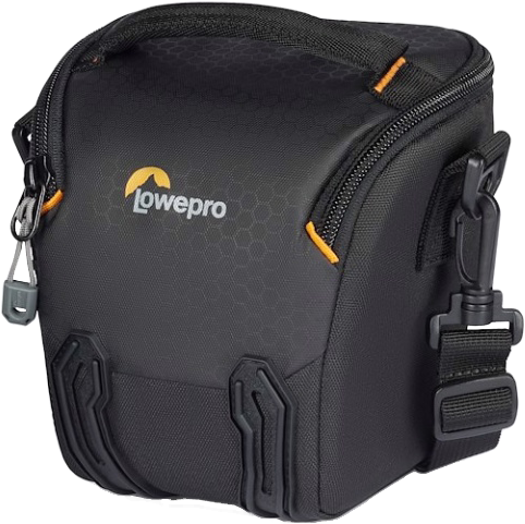 Fekete Lowepro táska narancssárga részletekkel, vállpánt, fehér háttéren.