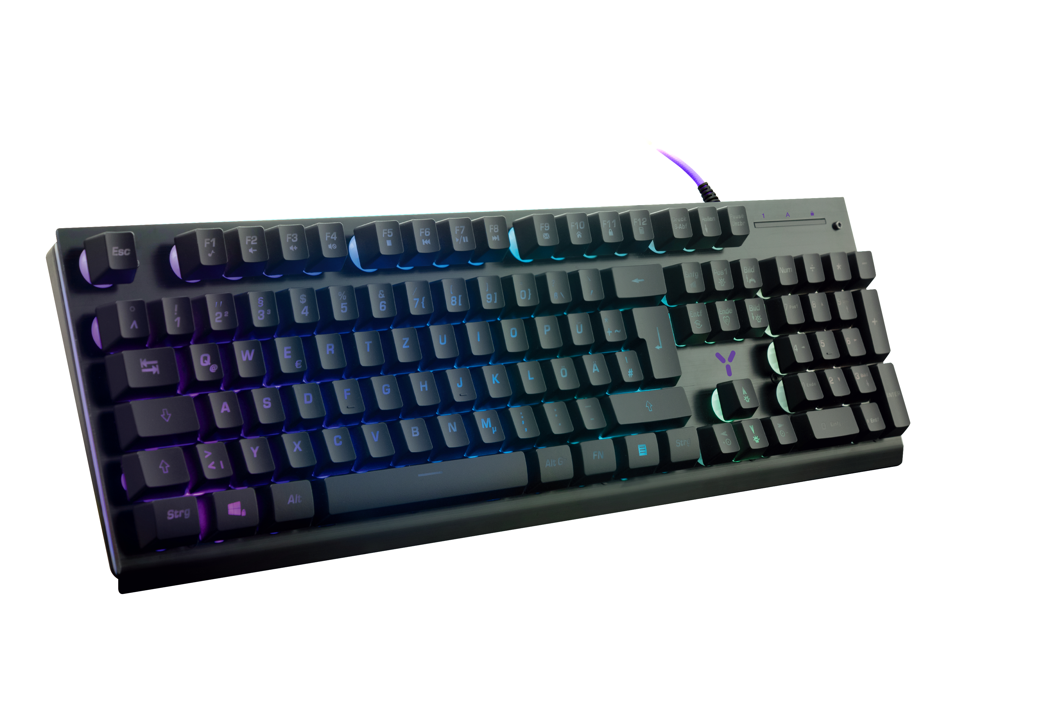 Eine schwarze Tastatur mit bunten beleuchteten Tasten auf weißem Hintergrund.