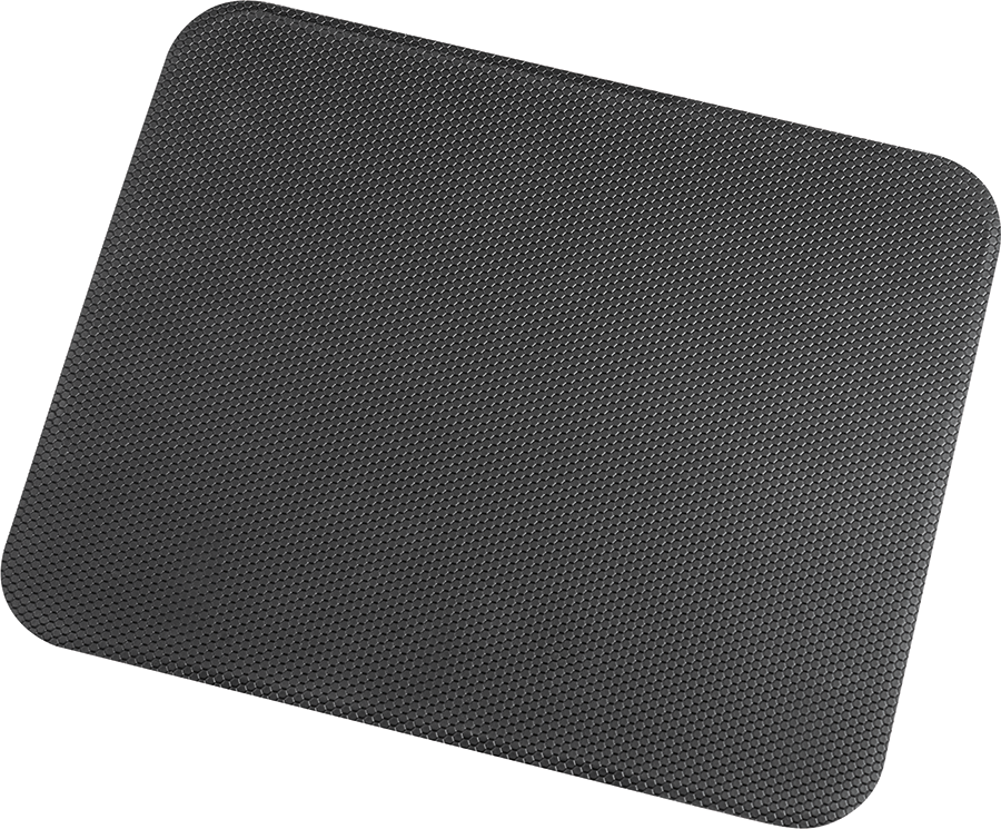 A dark gray textured mat with rounded corners against a white background. 