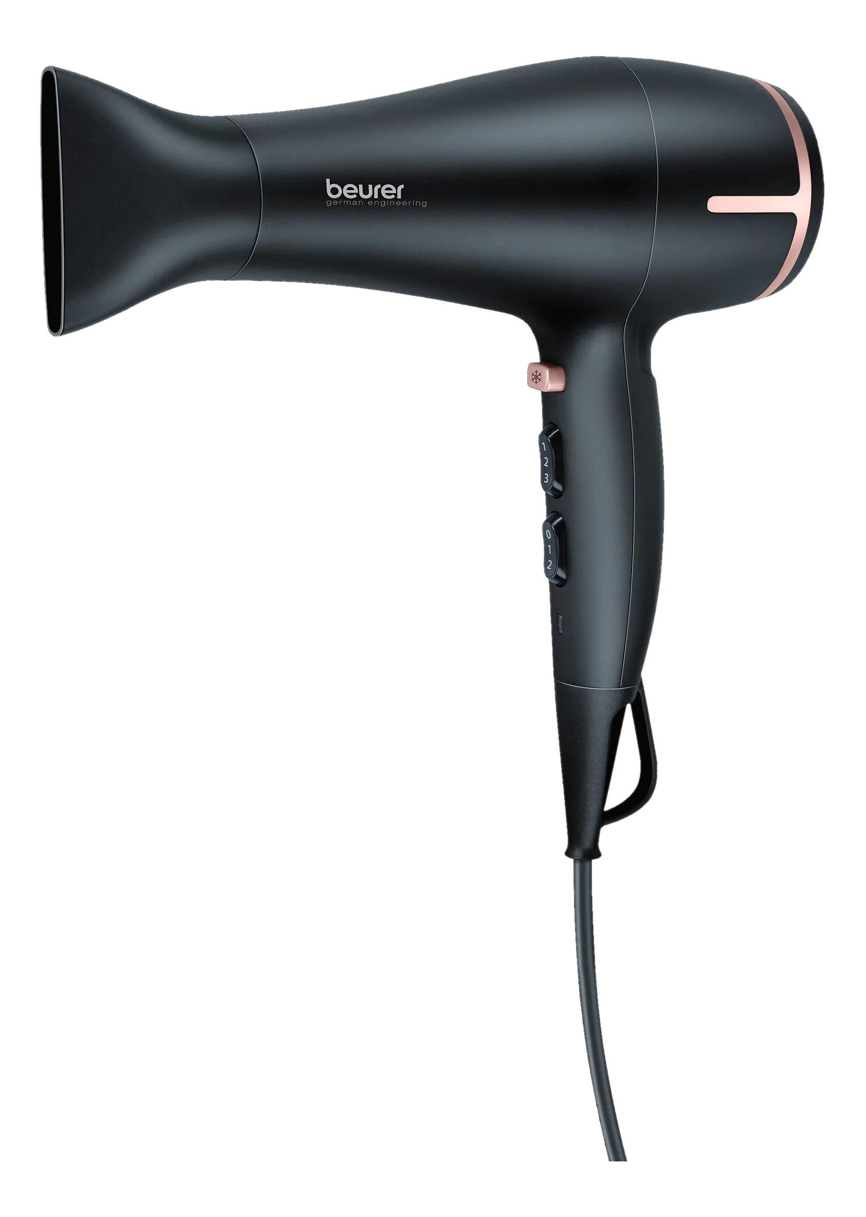 Asciugacapelli nero con dettagli oro rosa, inclinato verso destra, isolato su sfondo nero.