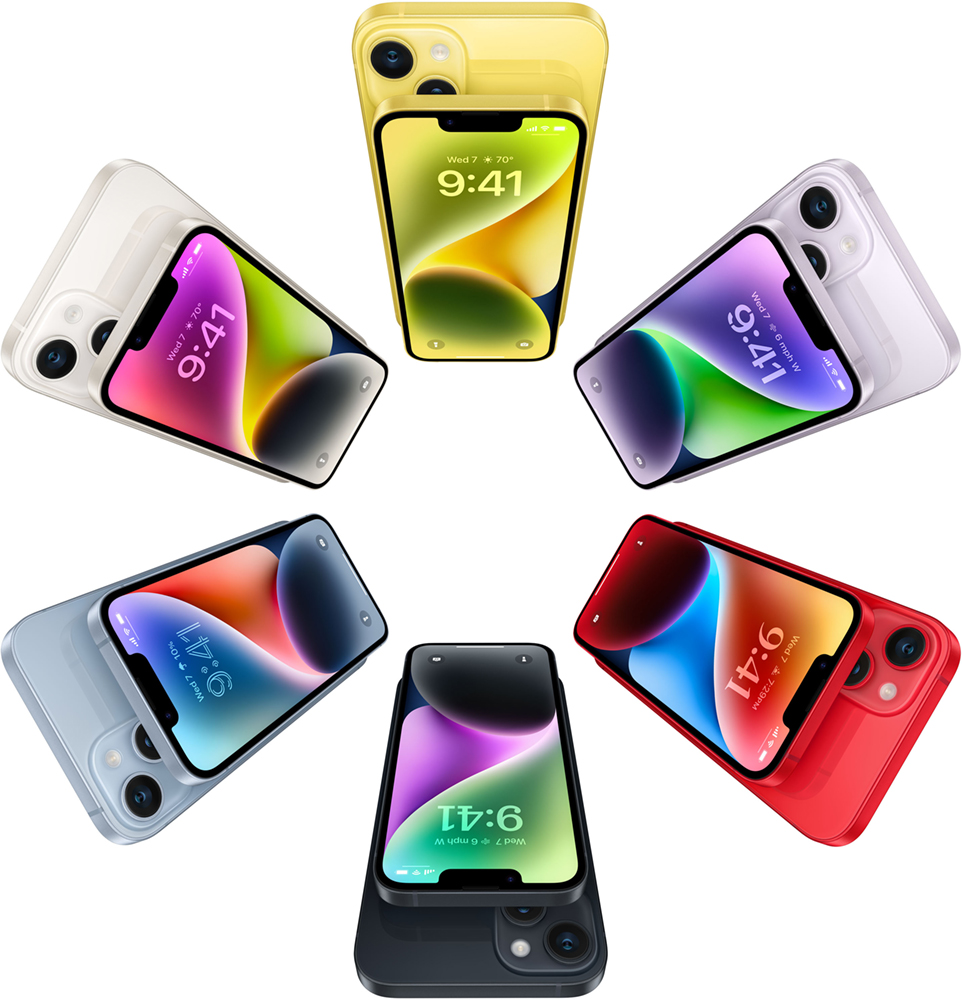 Plusieurs iPhone 14 colorés disposés en cercle, montrant des écrans.