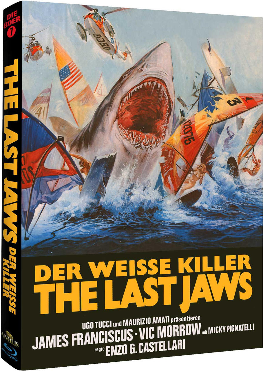 Filmposter eines Hais mit offenem Maul, der Boote und Menschen im Meer angreift.