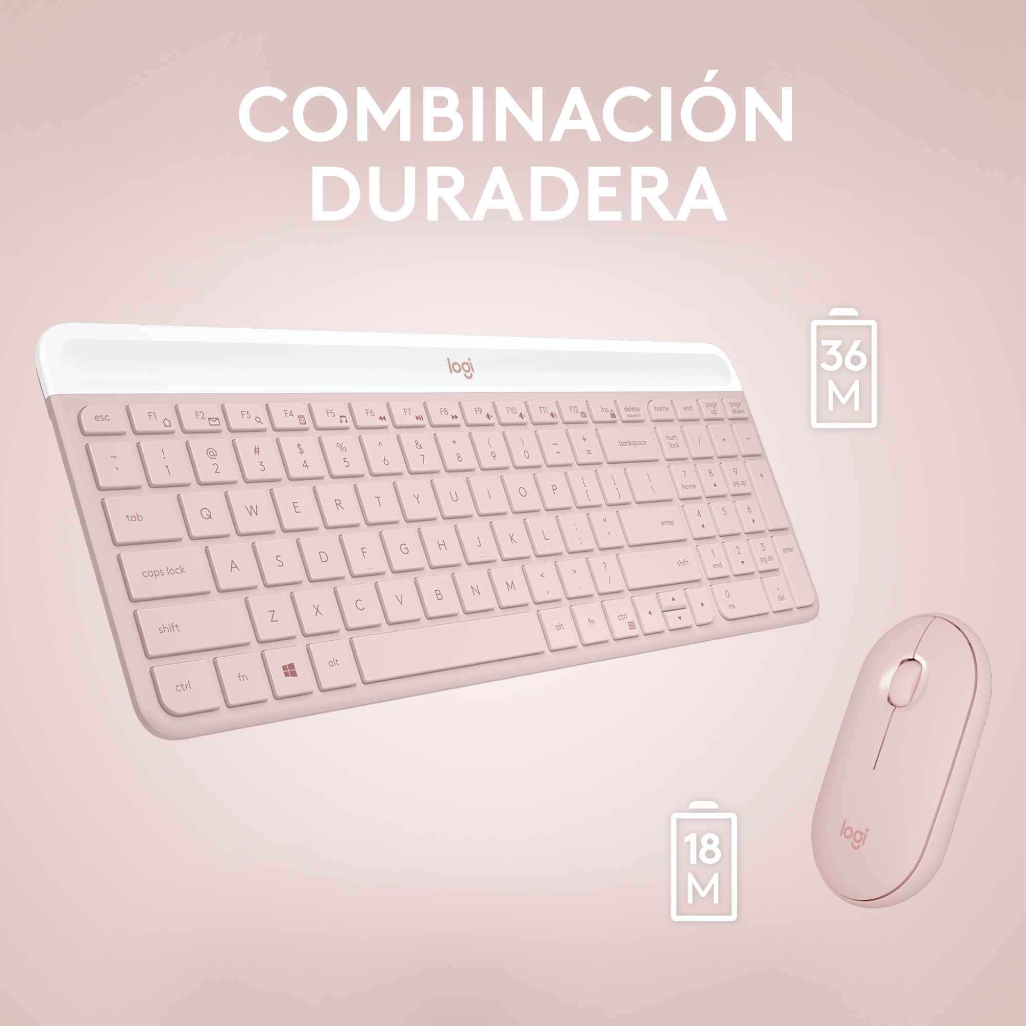 Conjunto de teclado y ratón rosa. Arriba dice 'COMBINACIÓN DURADERA'. Empaque muestra 36M y 18M.