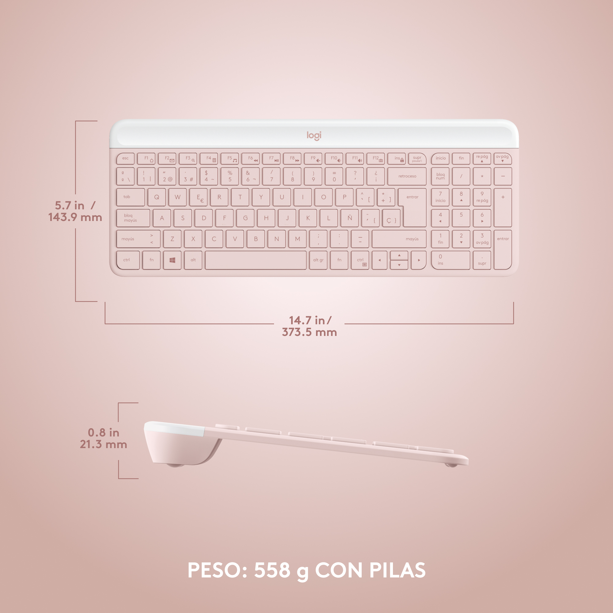 Un teclado inalámbrico rosa con dimensiones y detalles de peso, sobre un fondo rosa.