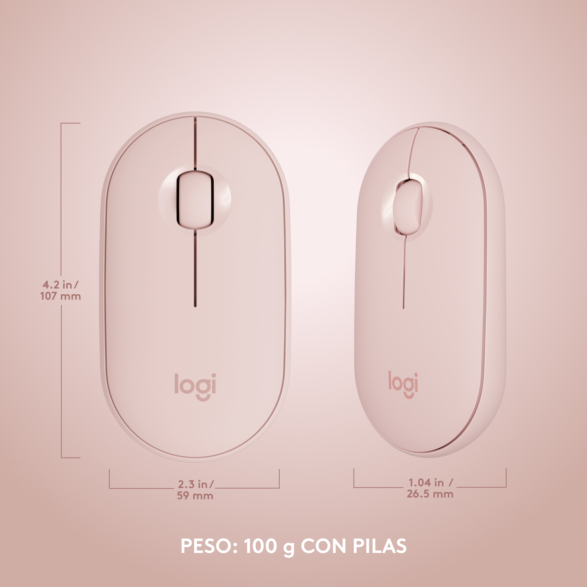 Dos ratones de computadora rosas, uno al lado del otro, con dimensiones y logo.