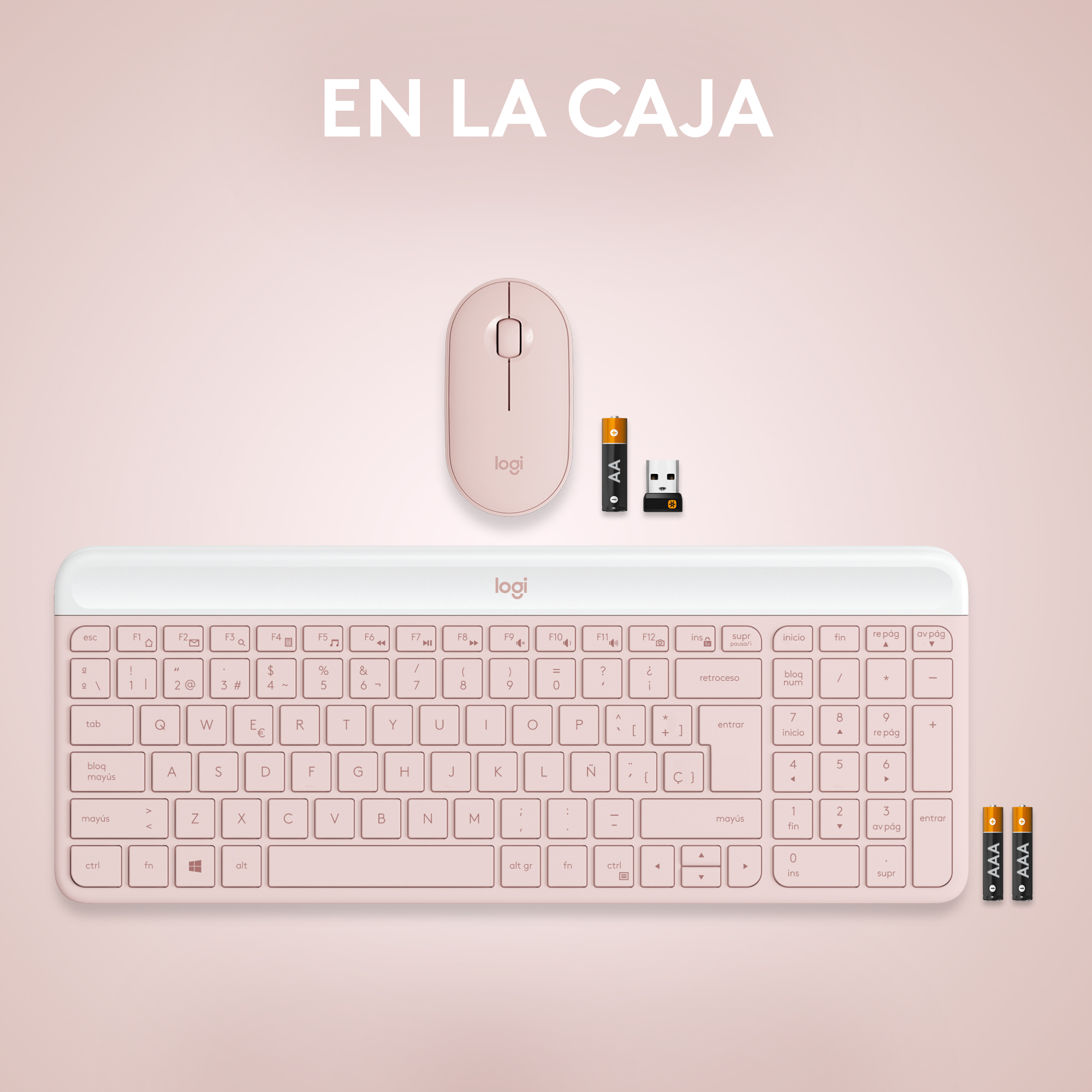 Teclado, ratón y pilas Logi rosa. El texto dice 'En la caja'.