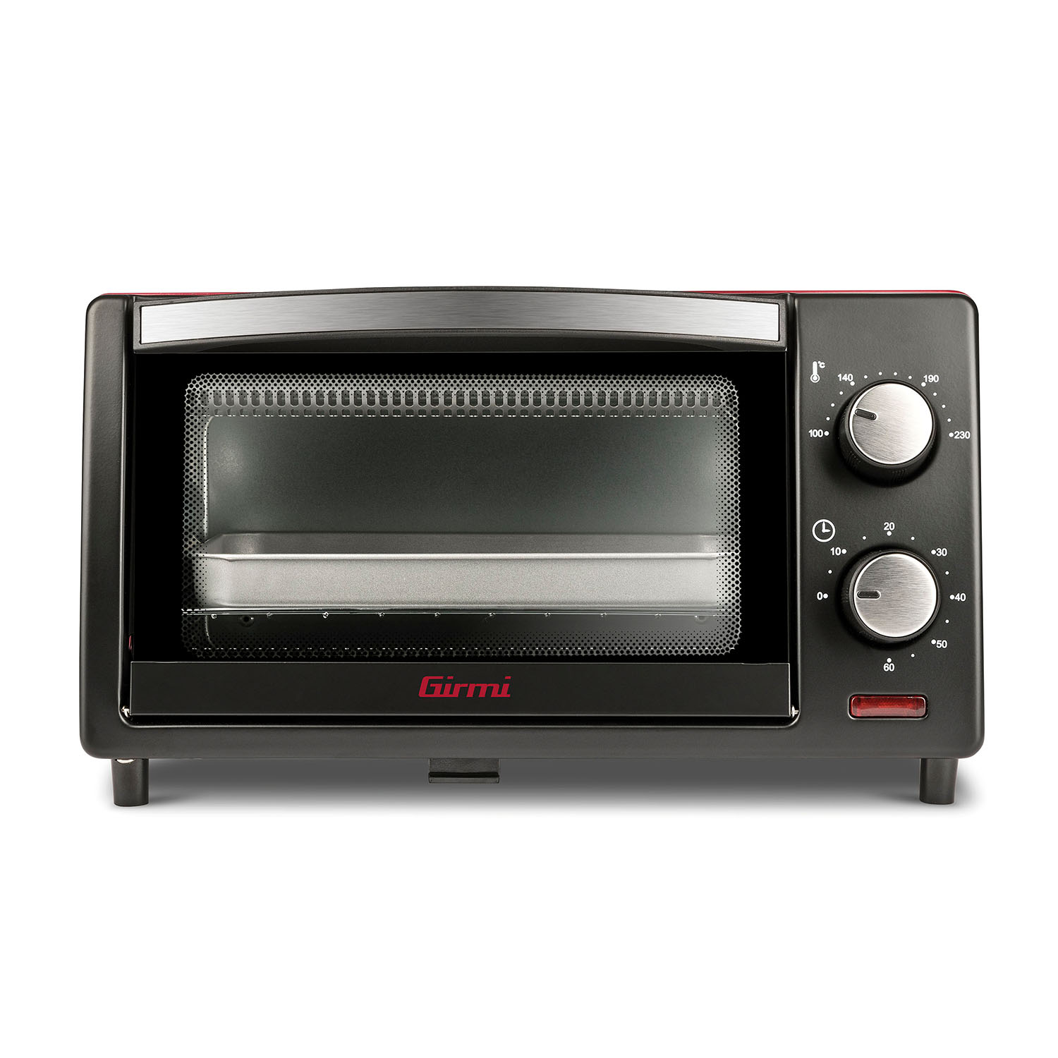 Un mini forno Girmi nero, visto frontalmente. Ha due manopole di controllo e una porta in vetro.
