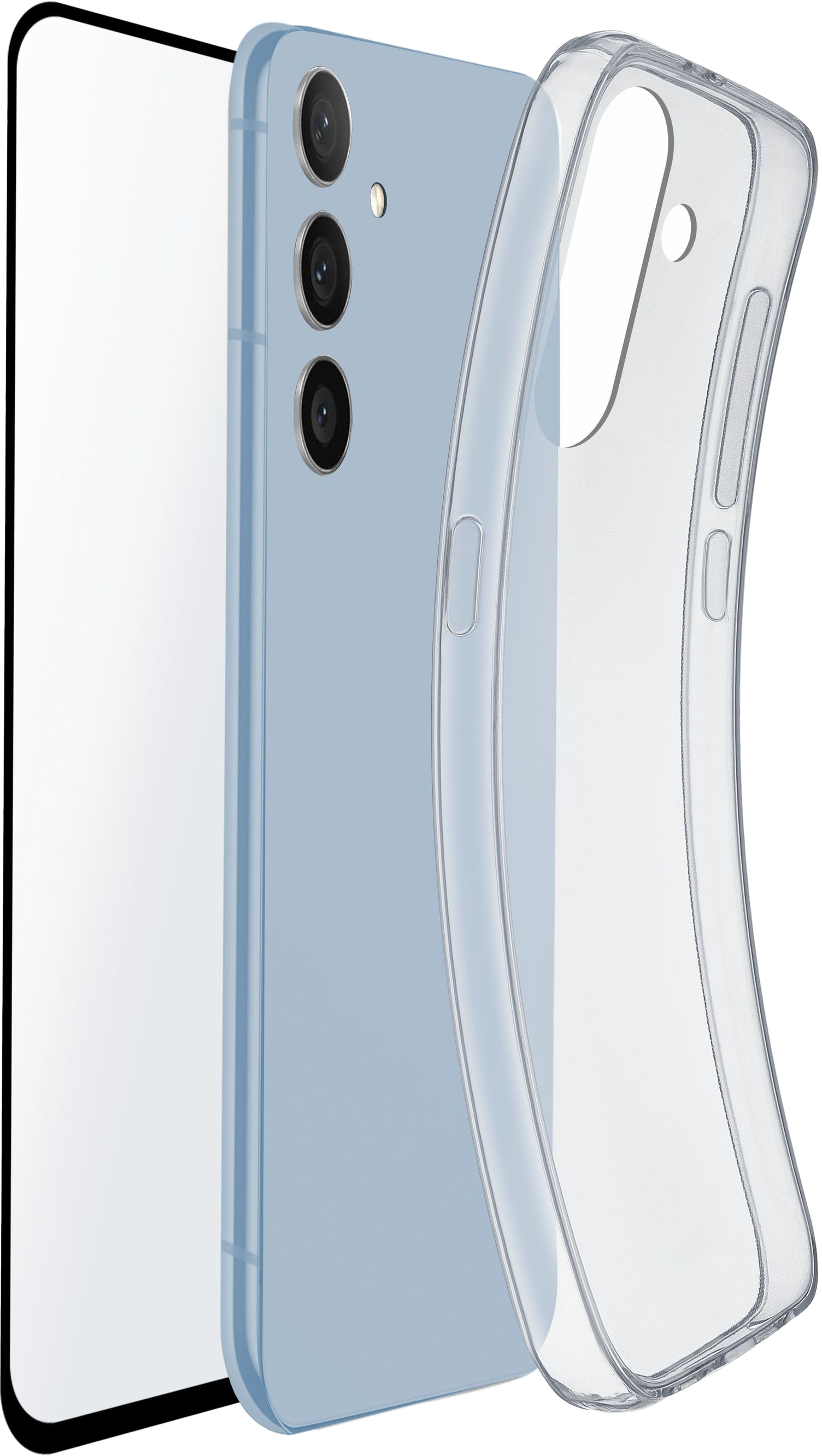 Hellblaues Telefon mit drei Kameras und einer durchsichtigen Hülle daneben auf weißem Hintergrund.