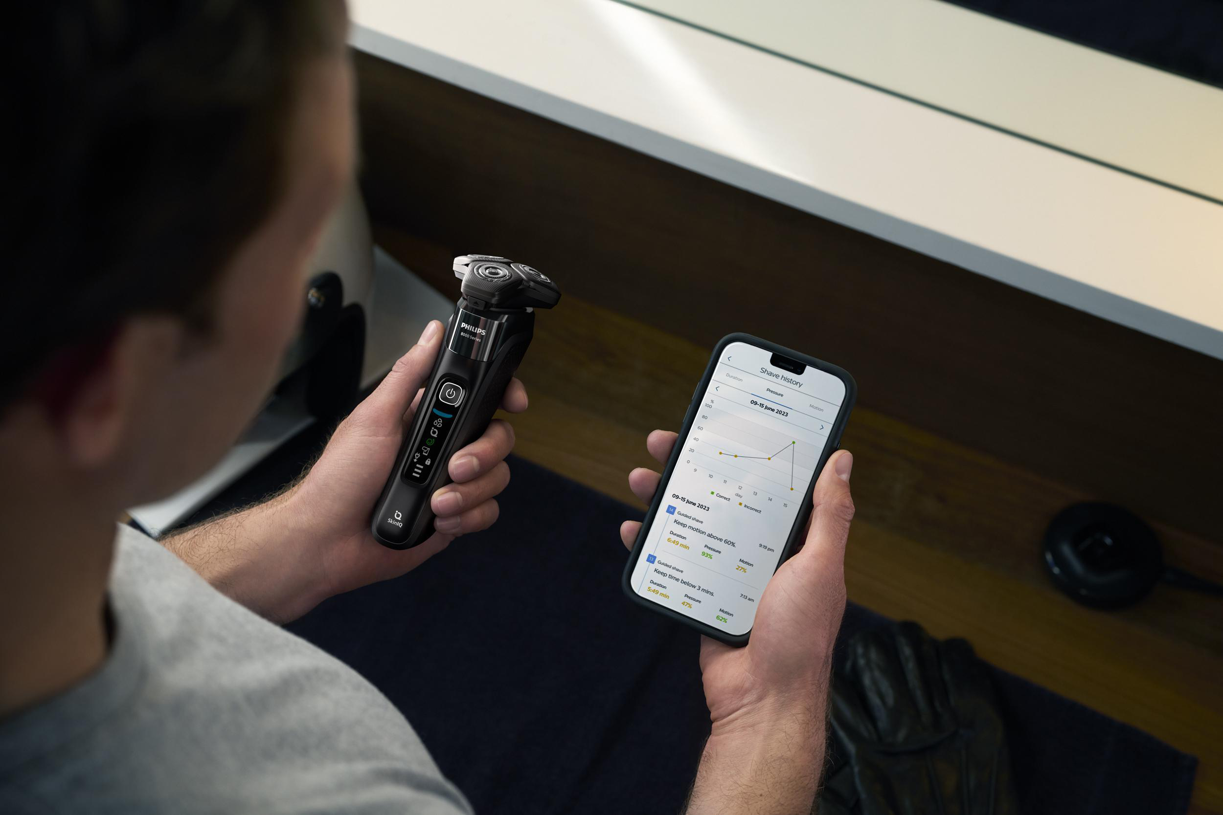 Mann hält Rasierer und Telefon mit Diagramm.