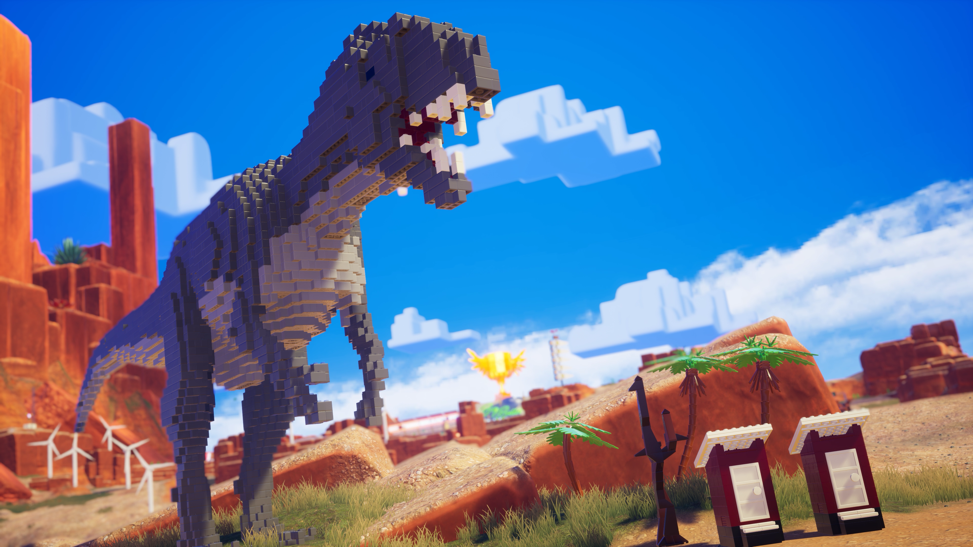 Pixeliger Dinosaurier in einer Wüstenlandschaft mit Gebäuden, Windmühle und blauem Himmel.