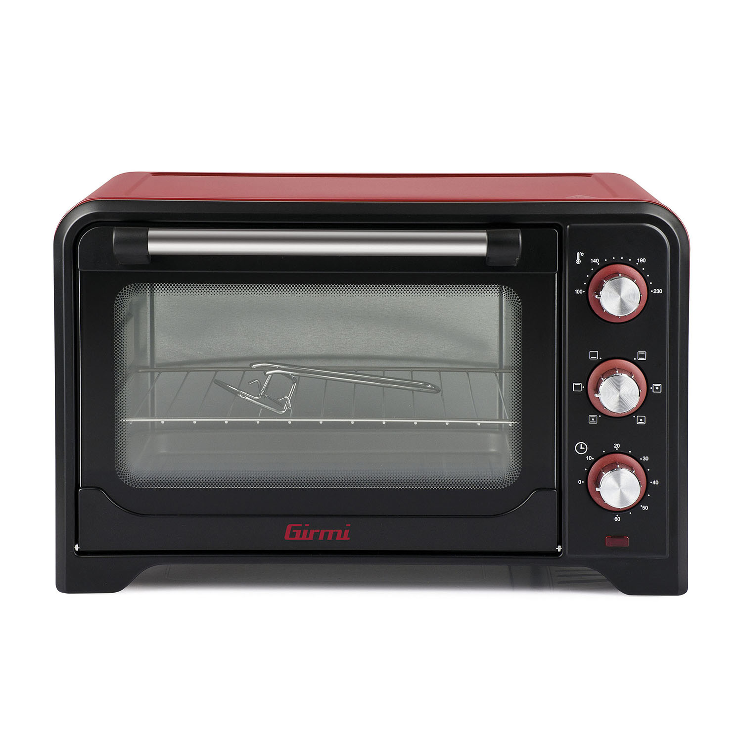 Un forno da banco rosso e nero con porta a vetro e manopole di controllo sul lato destro.