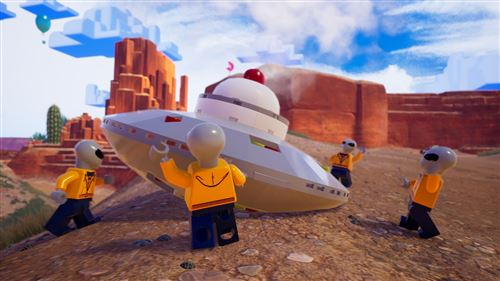 Alienígenas Lego cerca de una nave espacial en un paisaje desértico. Varias figuras Lego presentes.