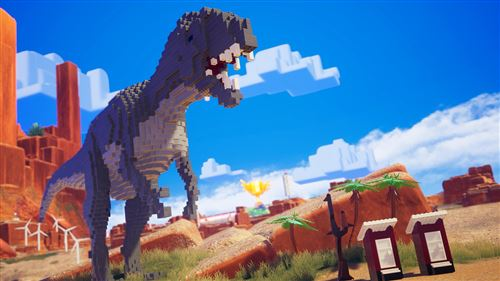 Un dinosaurio hecho de bloques se encuentra en un paisaje desértico.