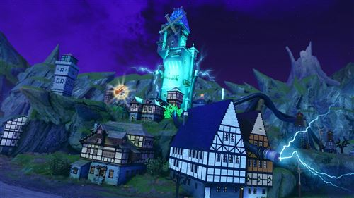 Escena de fantasía con torres, cabañas y relámpagos bajo un cielo nocturno.
