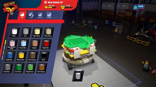 Hamburguesa Lego en una plataforma de coche con opciones de color. Interfaz de juego con opciones visible.