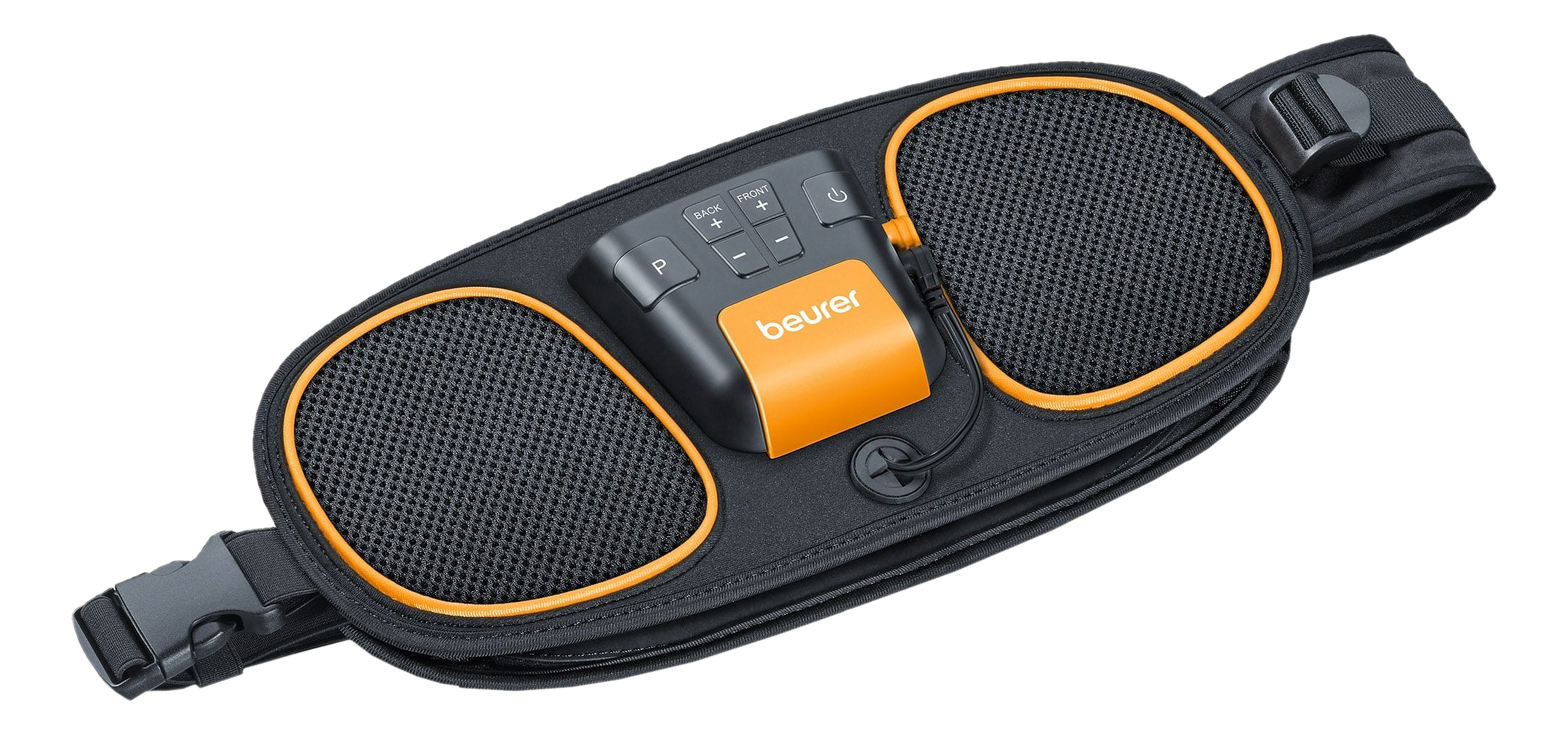Schwarzer und orangefarbener Beurer EMS-Gürtel mit Bedienfeld, zur Muskelstimulation.