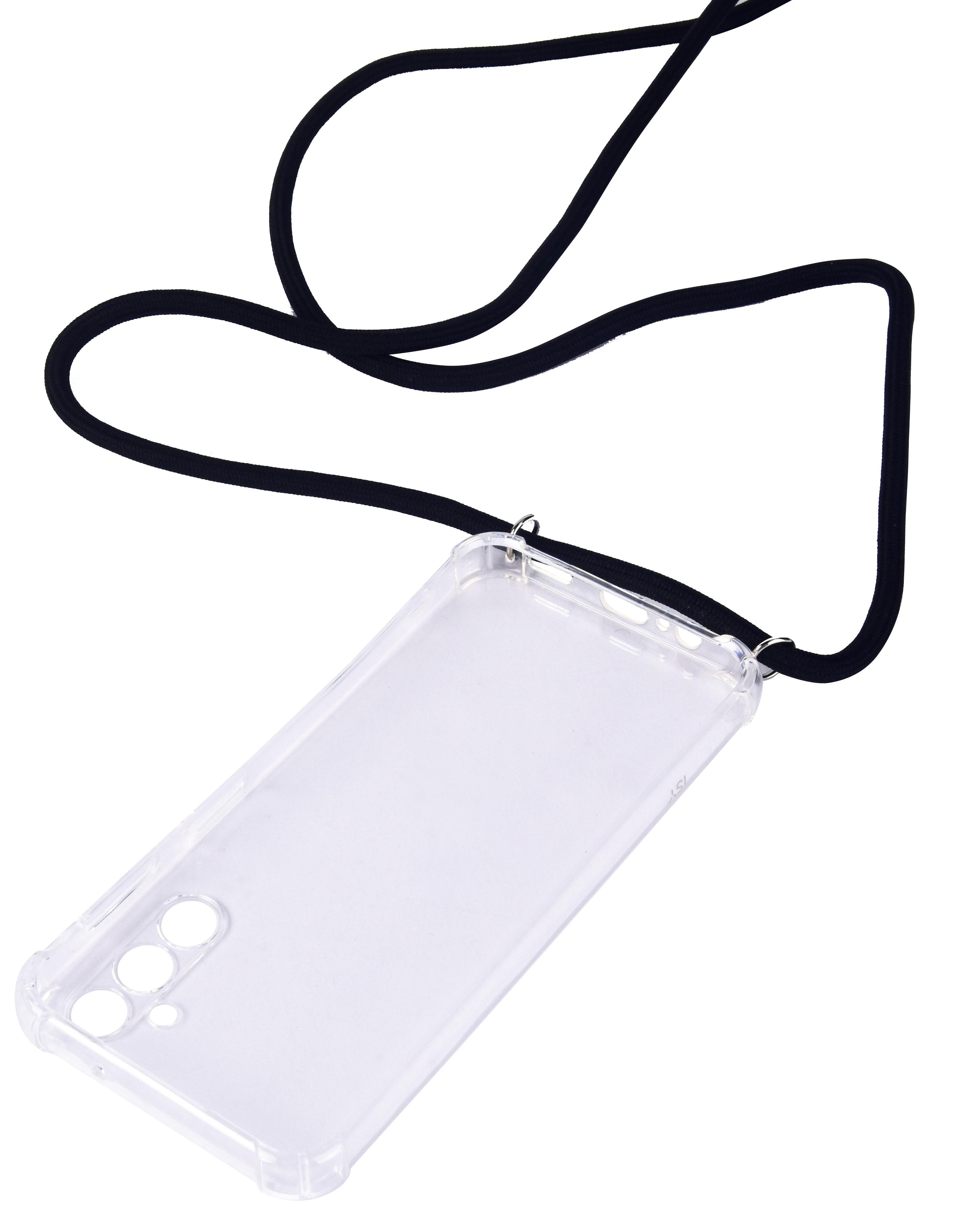 Transparente Handyhülle mit schwarzem Umhängeband. Die Hülle ist leer und kann verwendet werden.