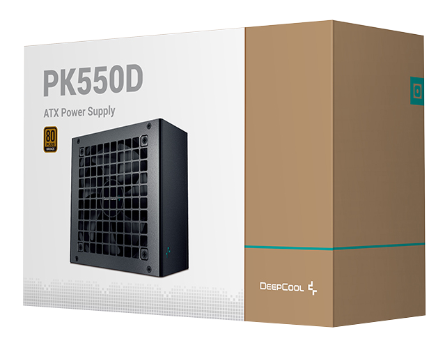 Egy Deepcool PK550D ATX tápegység doboz. A tápegységről készült képet mutatja.