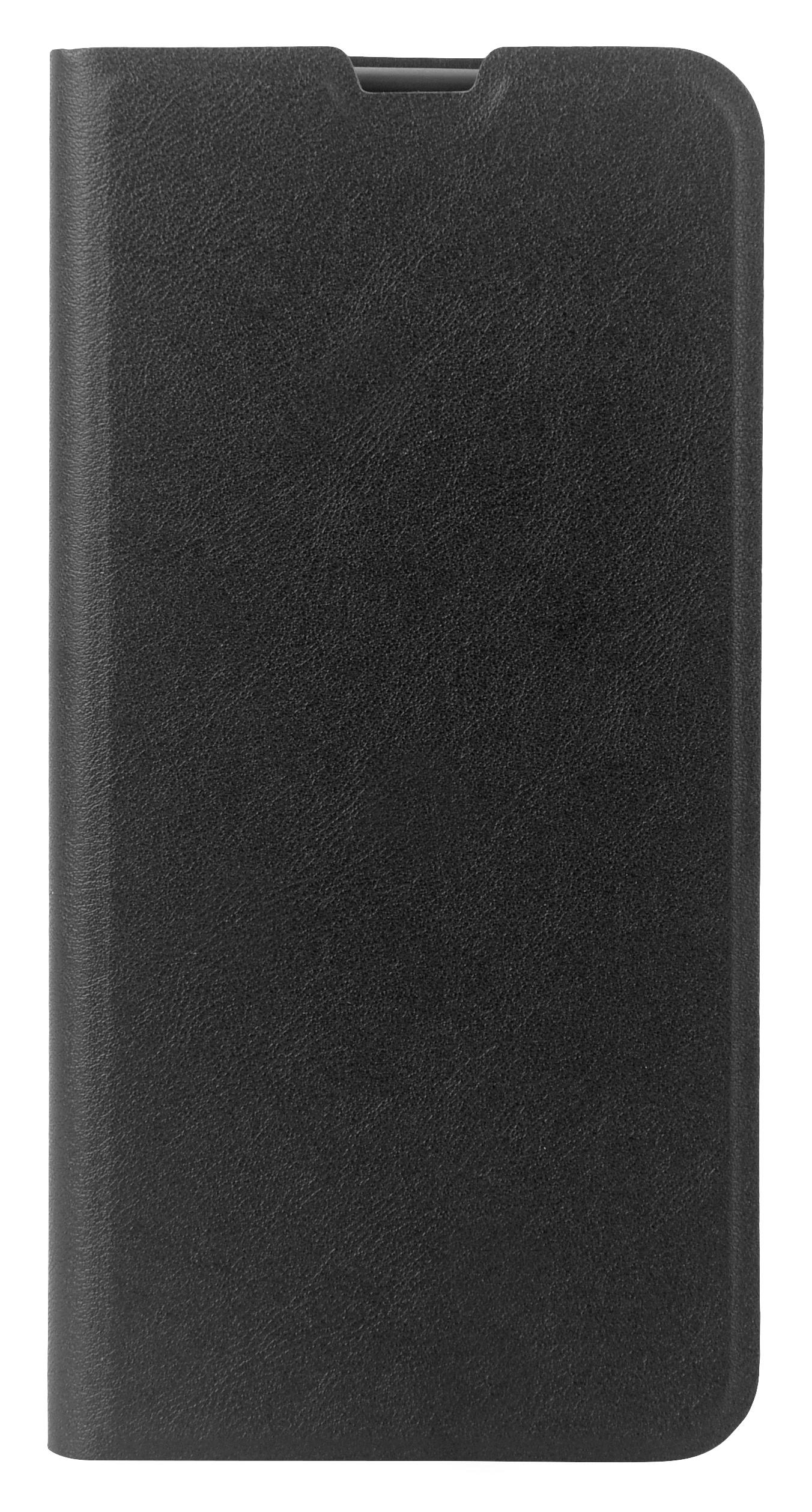 Geschlossene schwarze Smartphone-Hülle, Lederstruktur, weißer Hintergrund.