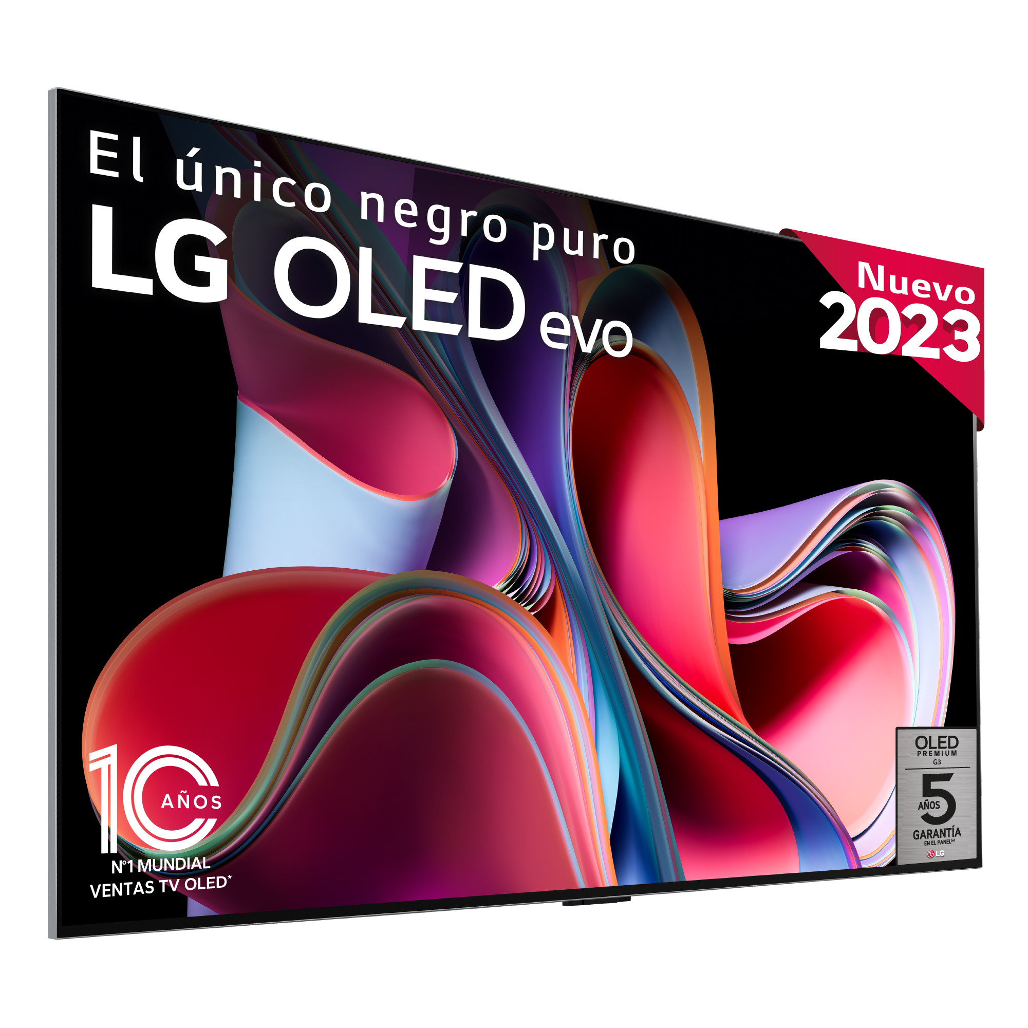 Televisor LG OLED evo con marco negro, pantalla colorida, con texto y logotipos.
