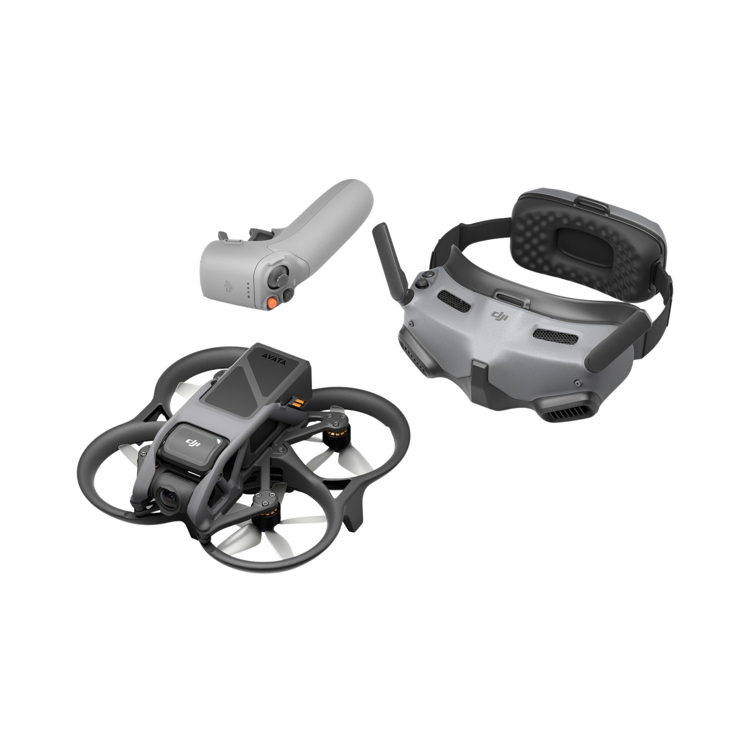 DJI drone set: drone, remote controller and goggles, all gray, on black background.