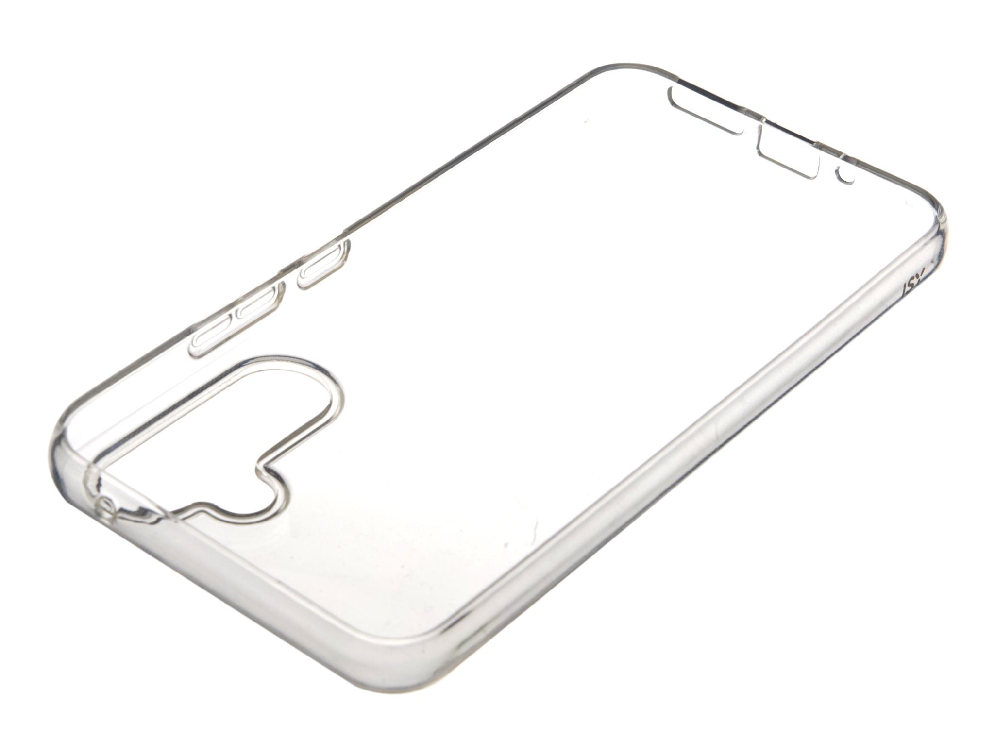 Eine transparente Handyhülle mit Aussparungen, die das Design des Telefons zeigen.