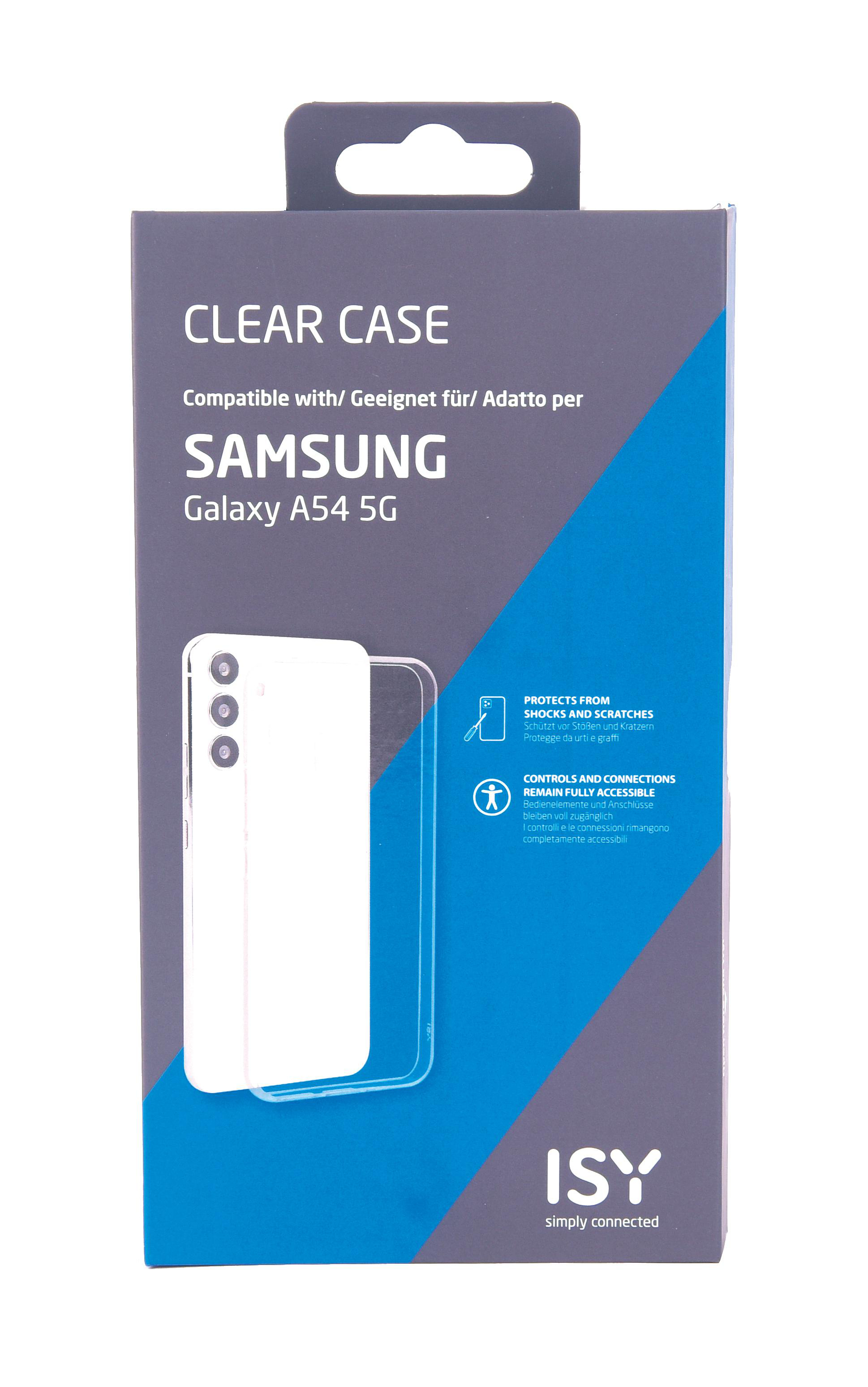 Eine Handyhüllenbox, transparente Hülle für Samsung Galaxy A54 5G. Weißes Hüllenbild und Text. Blauer Streifen und Griff.