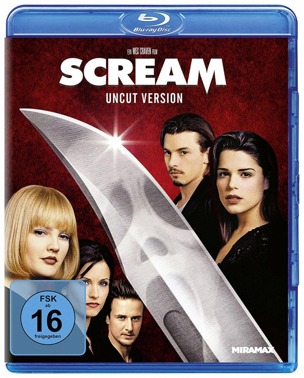 Blu-ray Disc von 'Scream' mit Schauspielern und einem Messer. Die Bewertung ist FSK 16.
