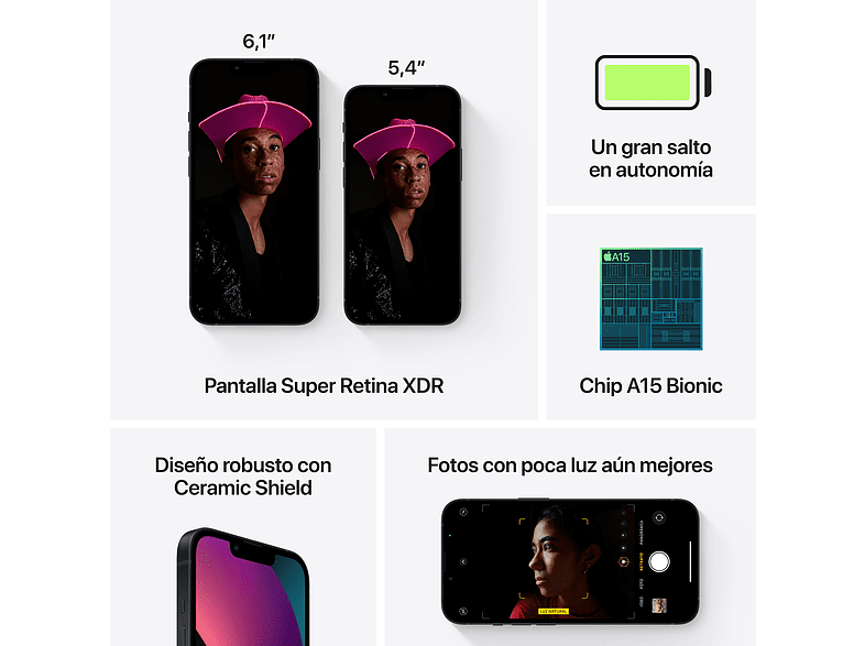 APPLE iPhone 13, Medianoche, 128 GB, 5G, 6.1", iOS + Adaptador de corriente, USB-C de 20 W