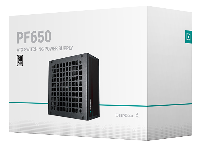 Fehér doboz fekete tápegységgel. Szöveg: PF650, ATX SWITCHING POWER SUPPLY, 80 Plus.