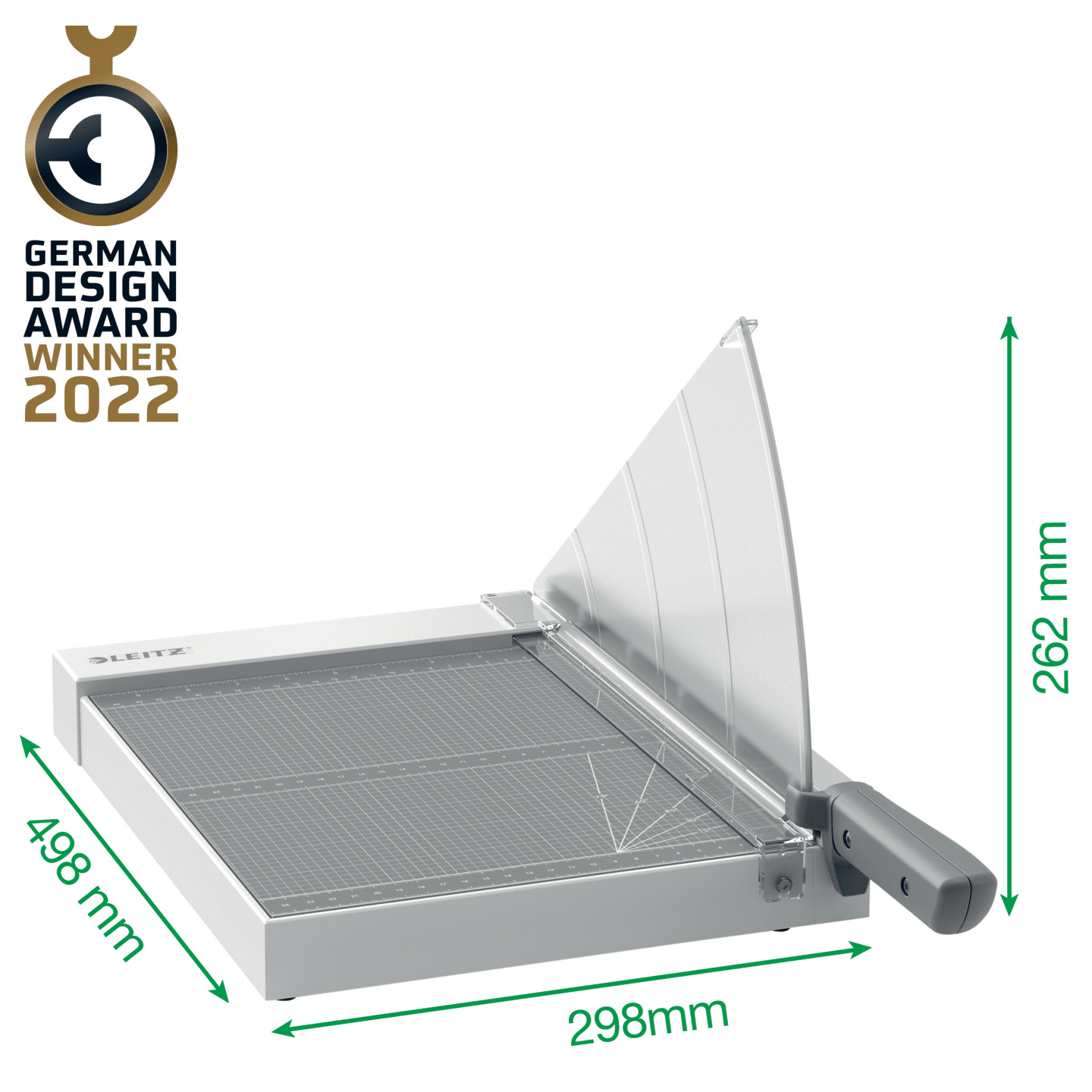 Papírvágó méretekkel és egy German Design Award Winner 2022 jelvénnyel. Fehér és szürke dizájn.