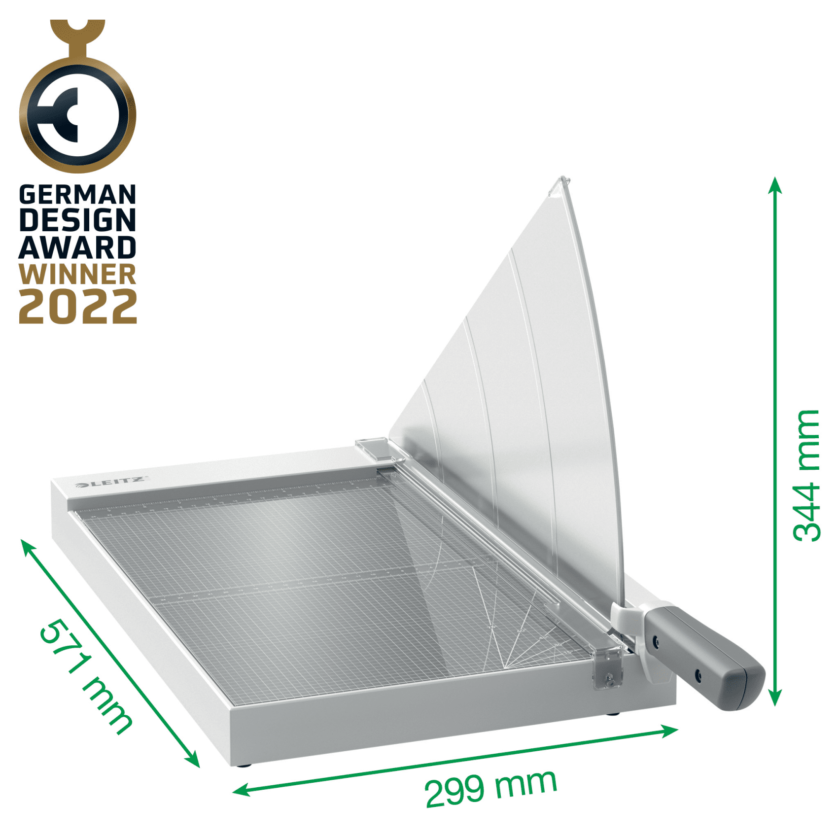 Fehér papírvágó, méretekkel. German Design Award Winner 2022 logó.
